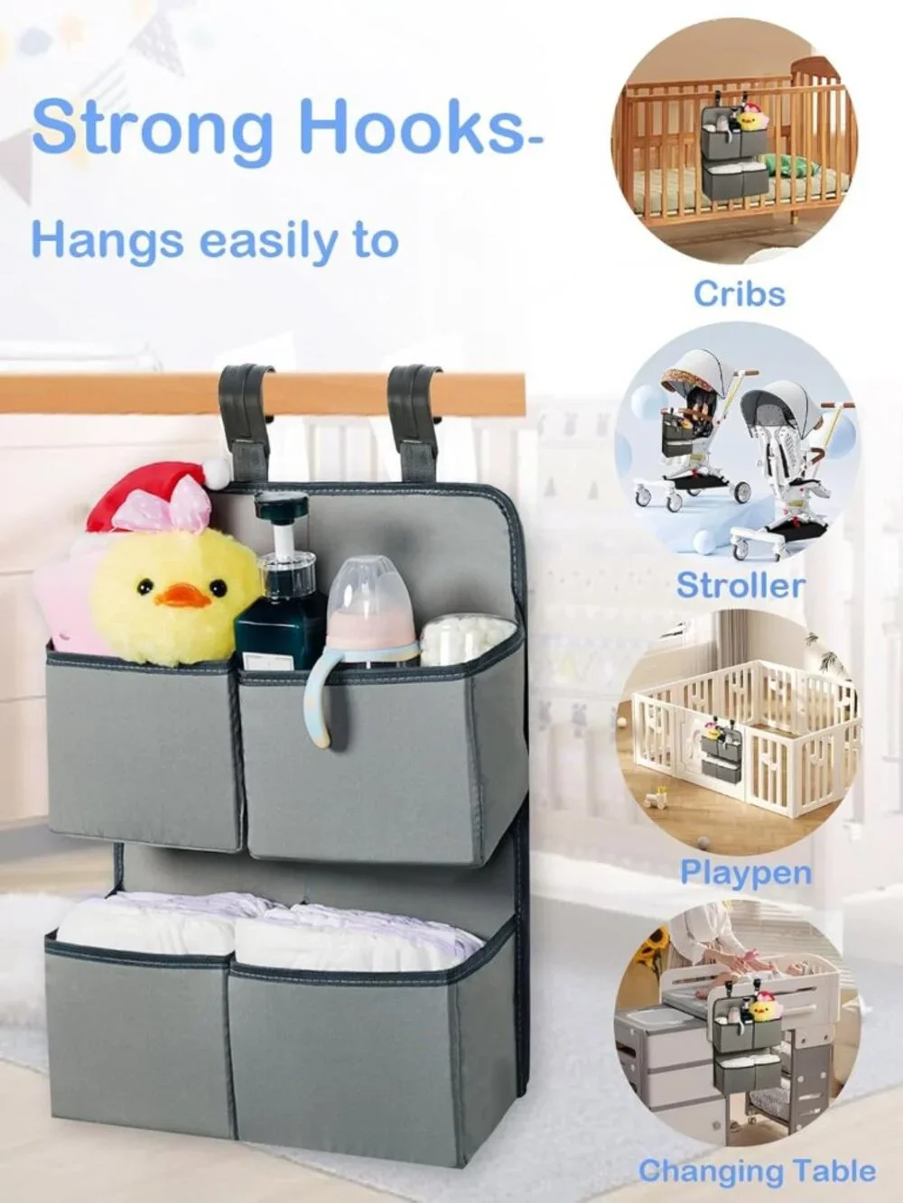 Hanging Diaper Organizer for Nursery - Holds 80+ Diapers, 4 Deep Pockets, Gray